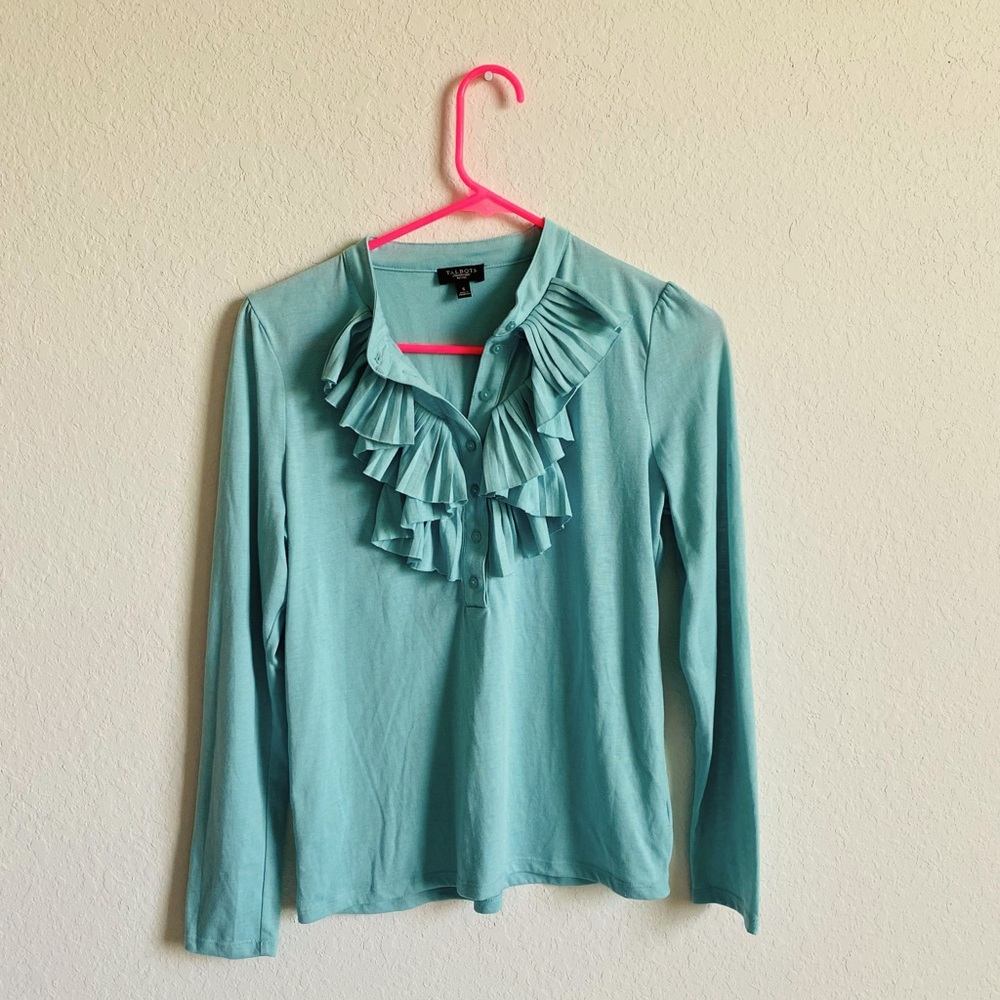 Women’s Talbots Petites Ruffled Shirt in Seafoam Green color.  Size Small